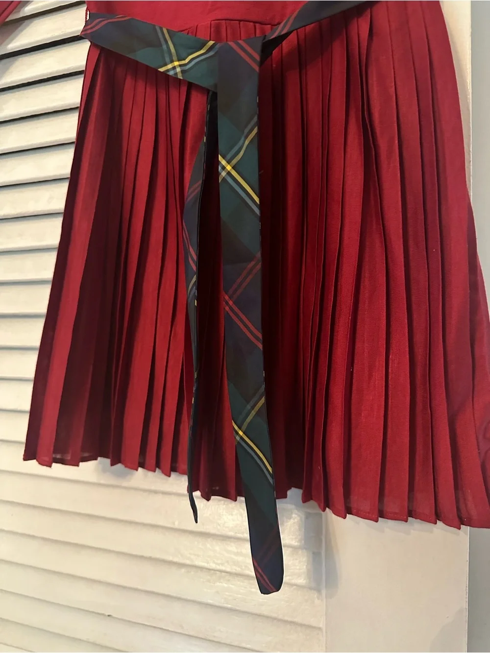 Ralph Lauren Girls' Deep Red Pleated Dress with Tartan Sash